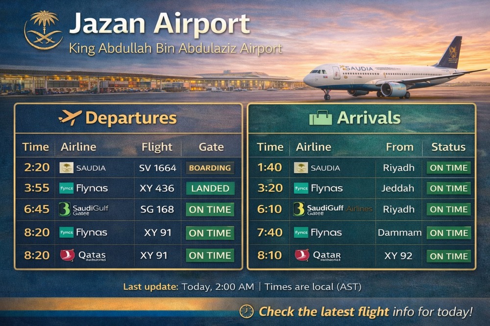 جدول رحلات مطار جازان اليوم المغادرة والوصول