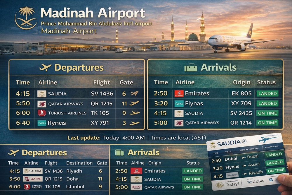 جدول رحلات مطار المدينة المنورة المغادرة والوصول